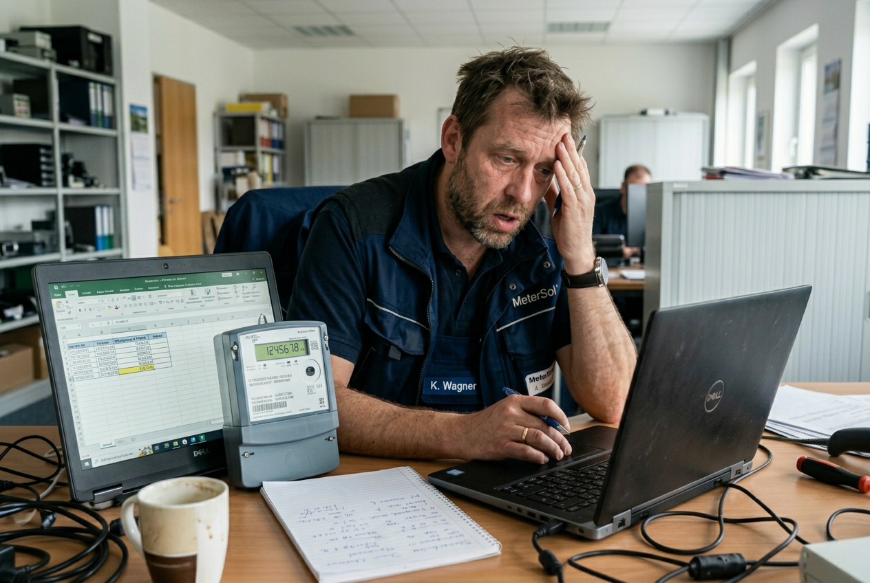 Chaotischer Arbeitsplatz mit Excel-Tabellen und Stromzähler